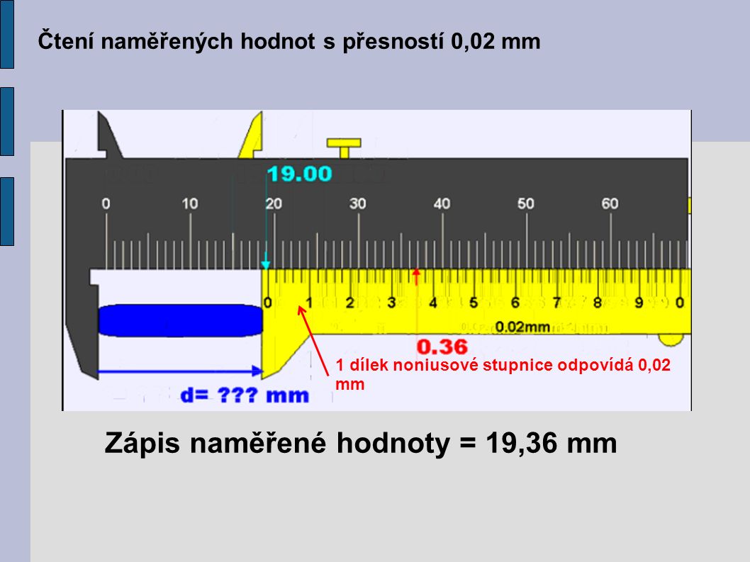 Čtení naměřených hodnot s přesností 0,02 mm Zápis naměřené hodnoty = 19,36 mm 1 dílek noniusové stupnice odpovídá 0,02 mm