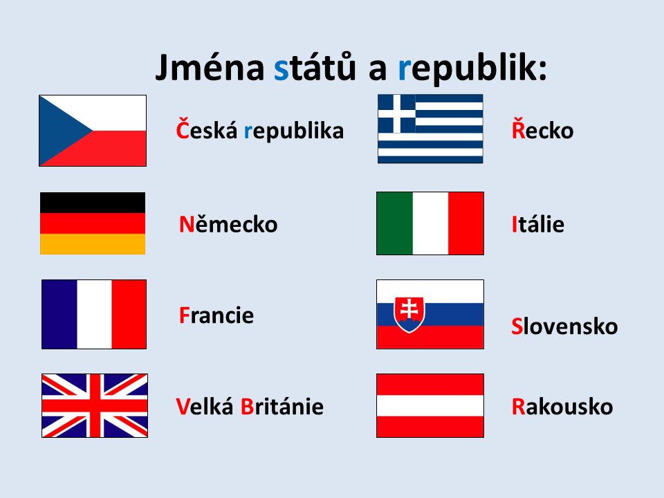 Jména států a republik: Česká republika Německo Francie Velká Británie Řecko Itálie Slovensko Rakousko