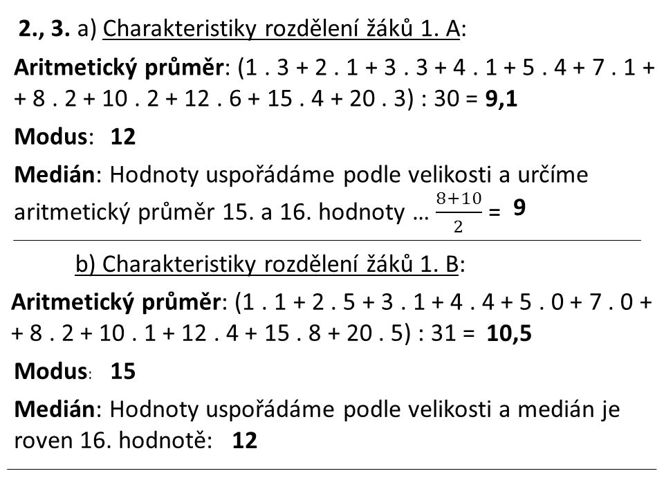 2., 3. a) Charakteristiky rozdělení žáků 1. A: Aritmetický průměr: (1.