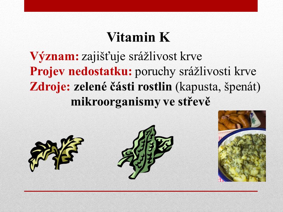 Vitamin K Význam: zajišťuje srážlivost krve Projev nedostatku: poruchy srážlivosti krve Zdroje: zelené části rostlin (kapusta, špenát) mikroorganismy ve střevě