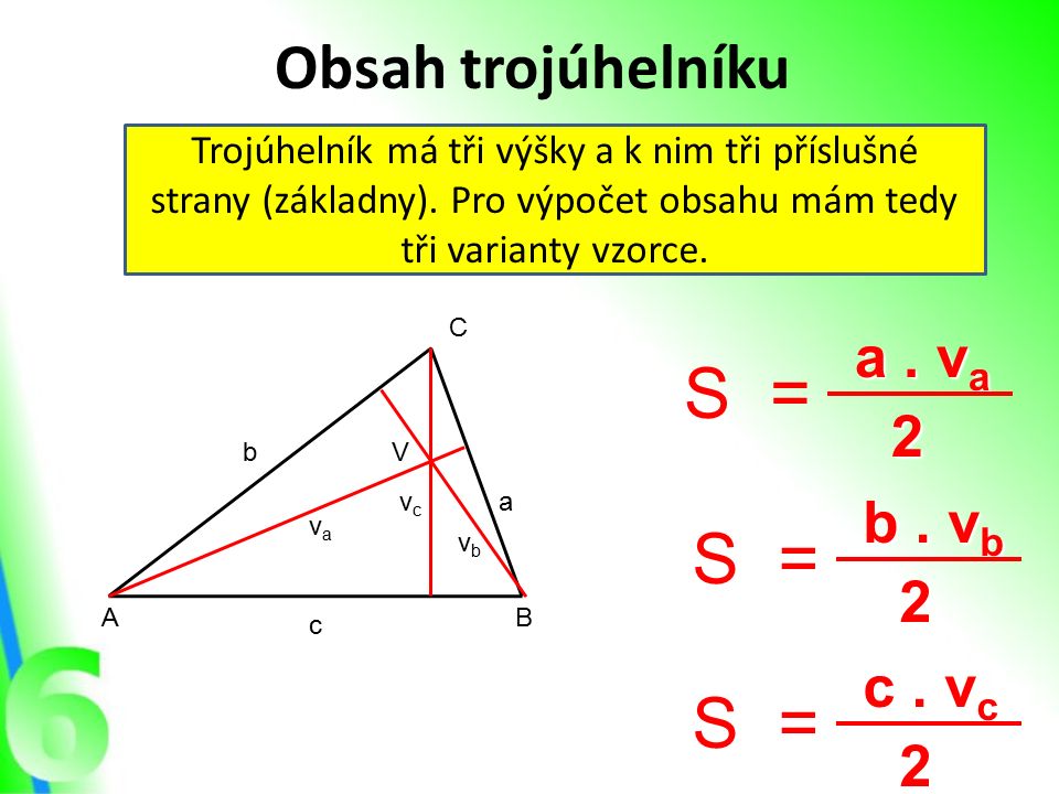 Obsah trojúhelníku Trojúhelník má tři výšky a k nim tři příslušné strany (základny).