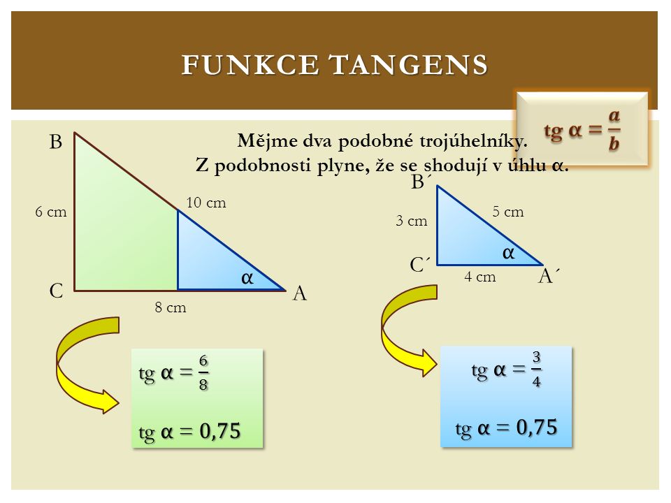 FUNKCE TANGENS C A B B´ C´ A´ α 10 cm 8 cm 6 cm5 cm 4 cm 3 cm Mějme dva podobné trojúhelníky.