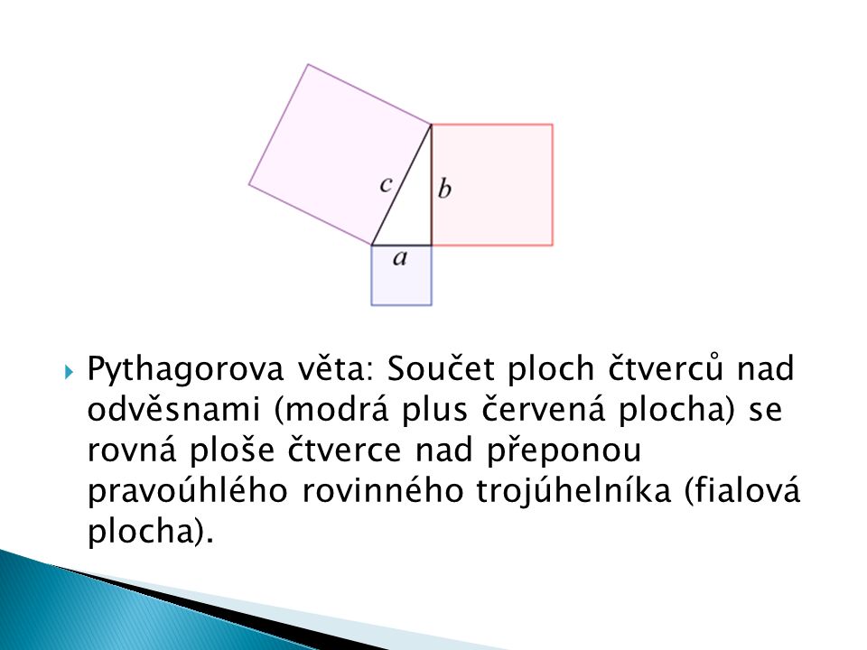  Pythagorova věta: Součet ploch čtverců nad odvěsnami (modrá plus červená plocha) se rovná ploše čtverce nad přeponou pravoúhlého rovinného trojúhelníka (fialová plocha).