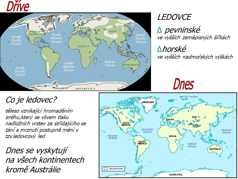 LEDOVCE ∆ pevninské ve vyšších zeměpisných šířkách ∆horské ve vyšších nadmořských výškách Co je ledovec.