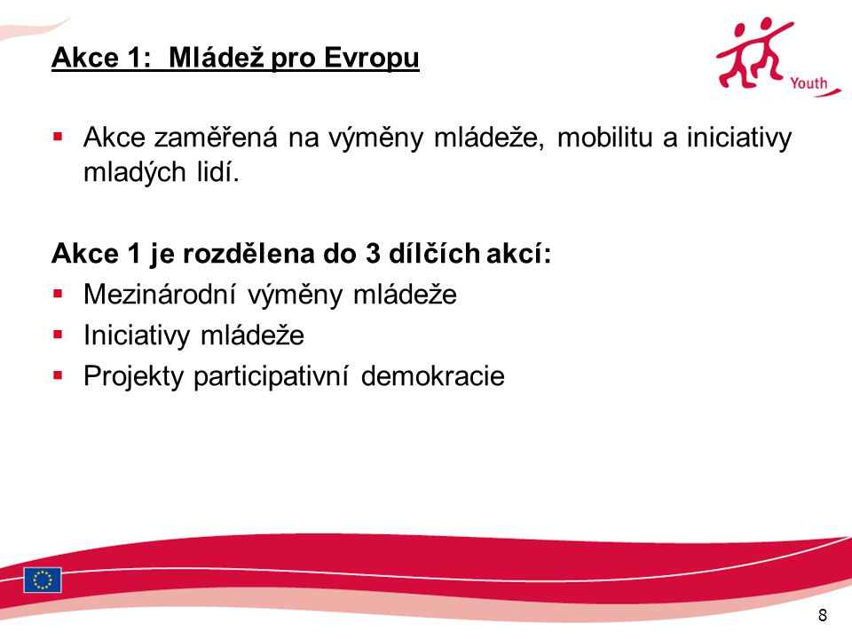 8 Akce 1: Mládež pro Evropu  Akce zaměřená na výměny mládeže, mobilitu a iniciativy mladých lidí.