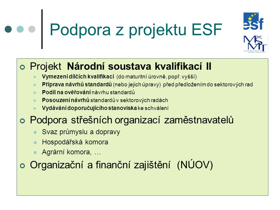 Podpora z projektu ESF Projekt Národní soustava kvalifikací II  Vymezení dílčích kvalifikací (do maturitní úrovně, popř.