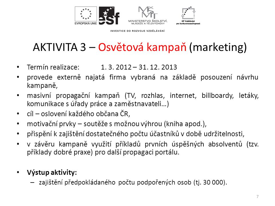 AKTIVITA 3 – Osvětová kampaň (marketing) • Termín realizace: 1.