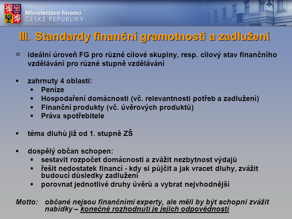 III. Standardy finanční gramotnosti a zadlužení = ideální úroveň FG pro různé cílové skupiny, resp.