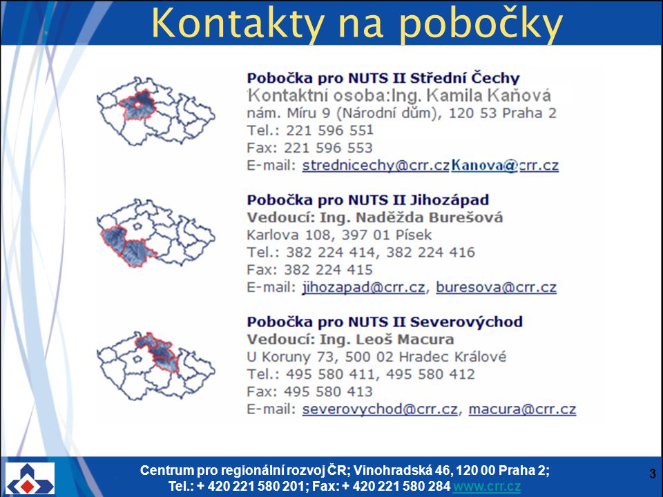 Centrum pro regionální rozvoj ČR; Vinohradská 46, Praha 2; Tel.: ; Fax: Kontakty na pobočky