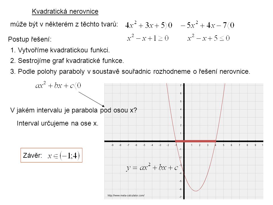 Kvadratická nerovnice může být v některém z těchto tvarů: Postup řešení: 1.