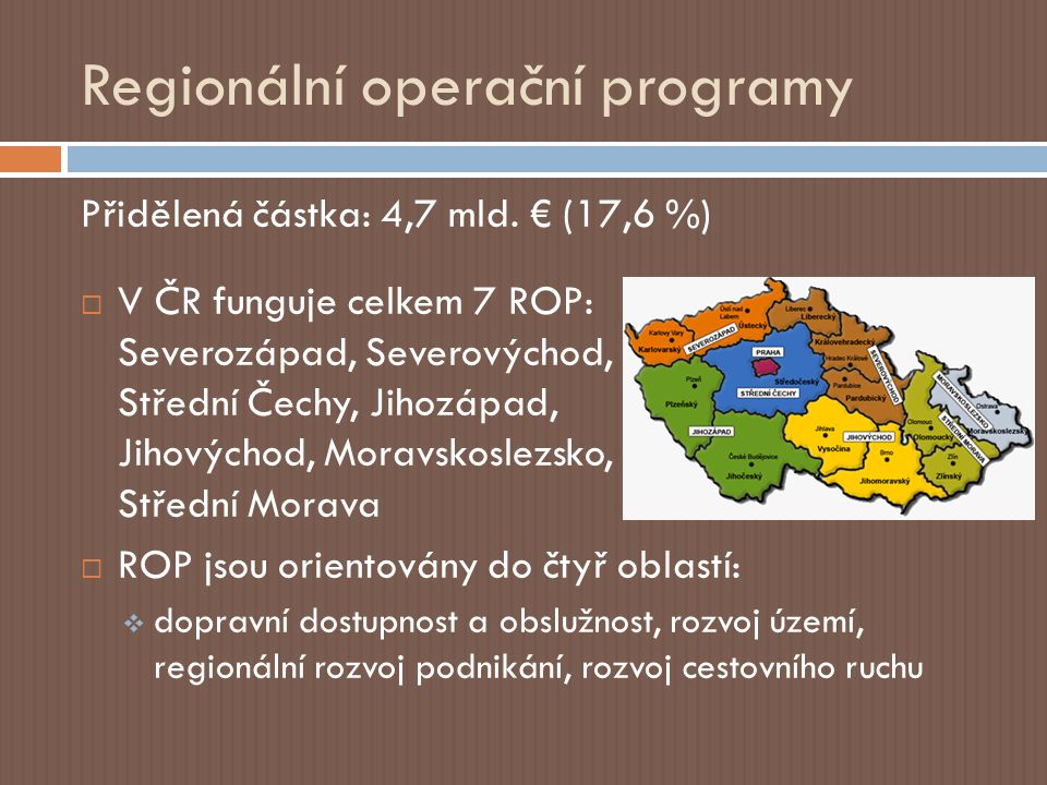Regionální operační programy Přidělená částka: 4,7 mld.