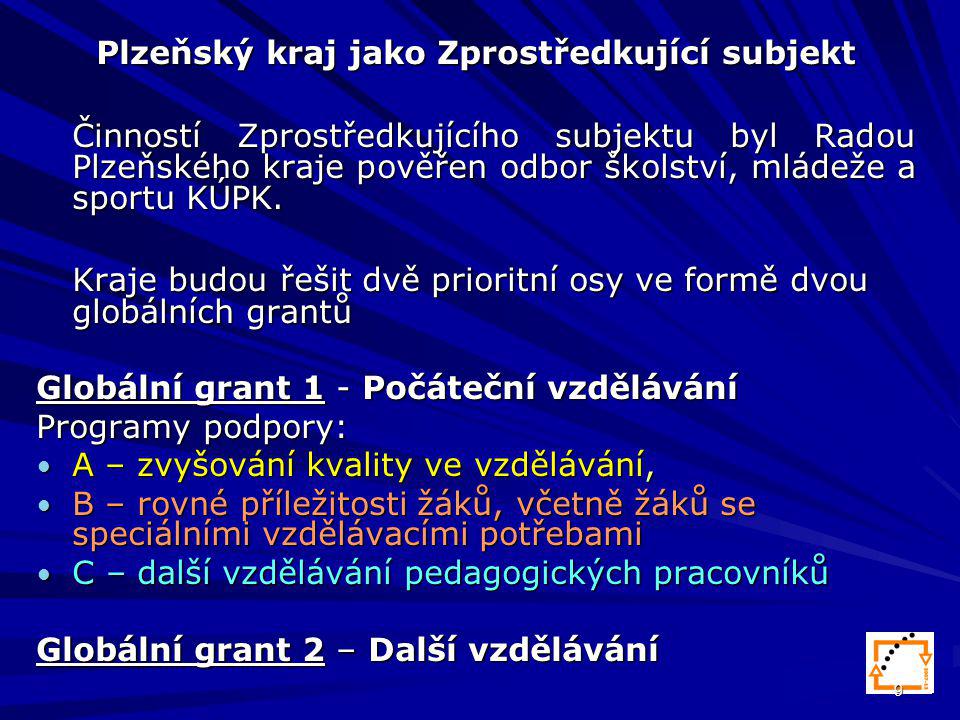 9 Plzeňský kraj jako Zprostředkující subjekt Činností Zprostředkujícího subjektu byl Radou Plzeňského kraje pověřen odbor školství, mládeže a sportu KÚPK.