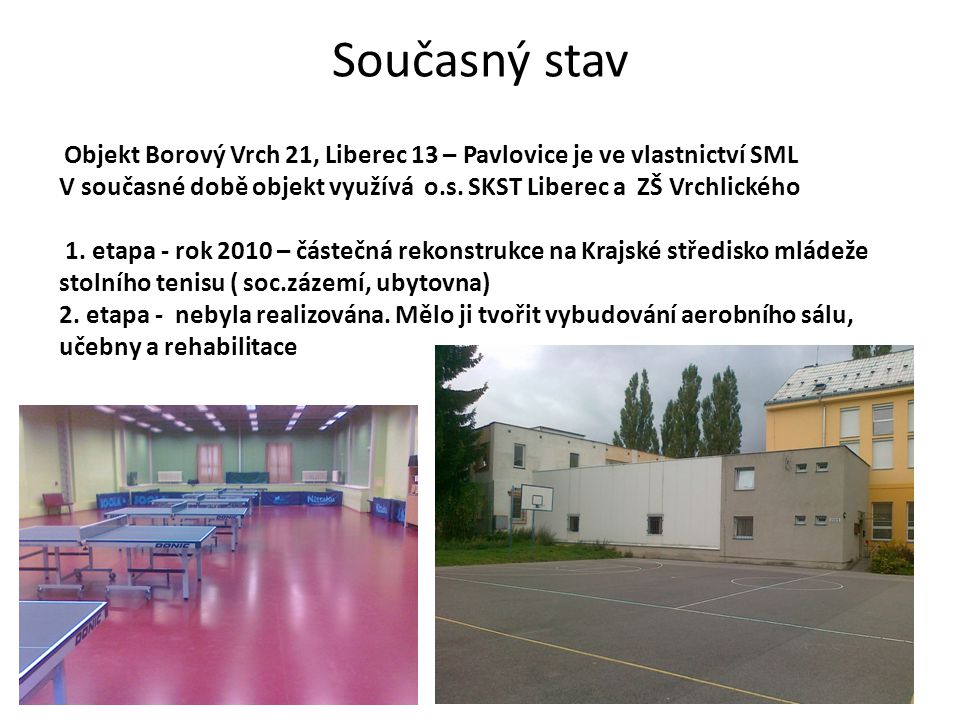 Současný stav Objekt Borový Vrch 21, Liberec 13 – Pavlovice je ve vlastnictví SML V současné době objekt využívá o.s.