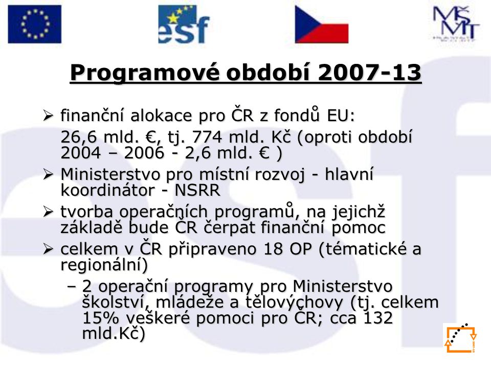 Programové období  finanční alokace pro ČR z fondů EU: 26,6 mld.