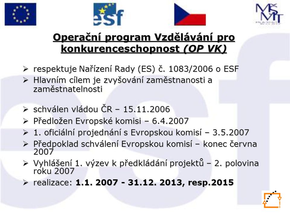 Operační program Vzdělávání pro konkurenceschopnost (OP VK)  respektuje Nařízení Rady (ES) č.