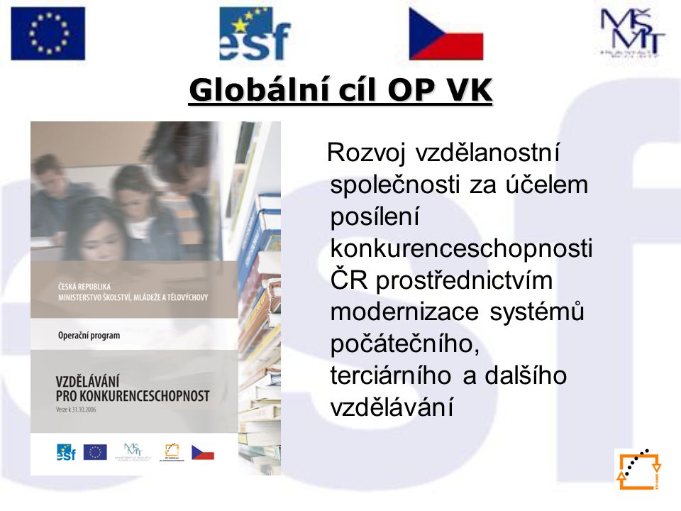 Globální cíl OP VK Rozvoj vzdělanostní společnosti za účelem posílení konkurenceschopnosti ČR prostřednictvím modernizace systémů počátečního, terciárního a dalšího vzdělávání