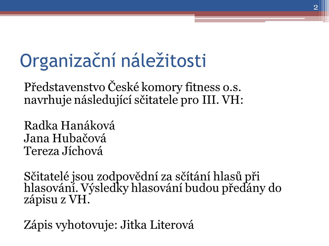 Organizační náležitosti Představenstvo České komory fitness o.s.