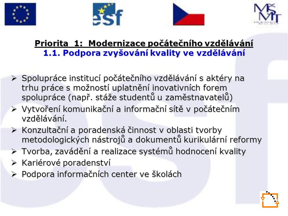 Priorita 1: Modernizace počátečního vzdělávání 1.1.