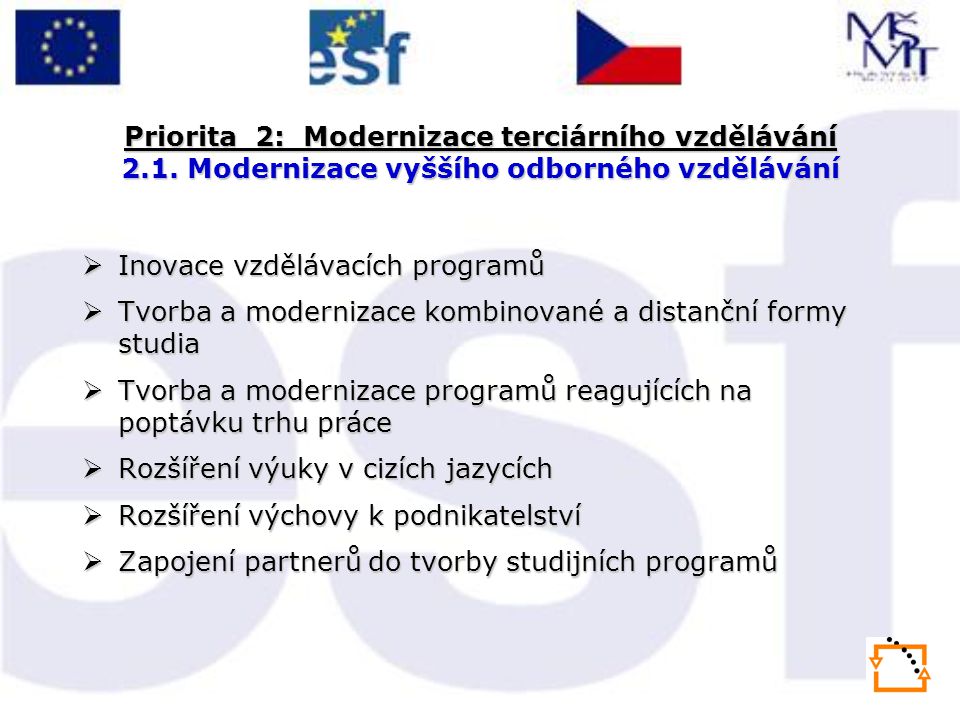 Priorita 2: Modernizace terciárního vzdělávání 2.1.