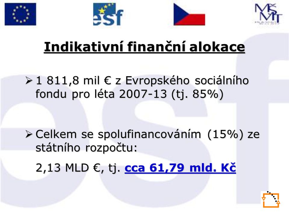 Indikativní finanční alokace  1 811,8 mil € z Evropského sociálního fondu pro léta (tj.