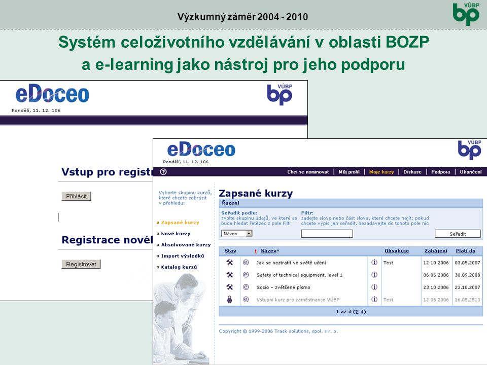 Výzkumný záměr Kontrolní den prosinec 2006 Systém celoživotního vzdělávání v oblasti BOZP a e-learning jako nástroj pro jeho podporu