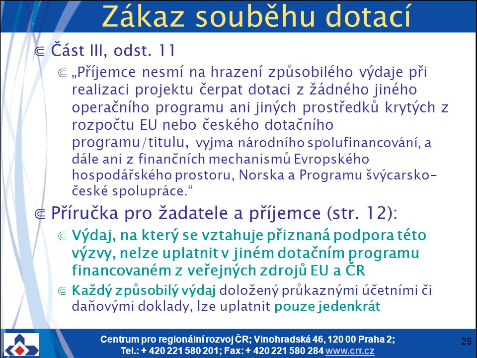Centrum pro regionální rozvoj ČR; Vinohradská 46, Praha 2; Tel.: ; Fax: Zákaz souběhu dotací ⋐Část III, odst.