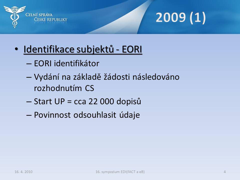 • Identifikace subjektů - EORI – EORI identifikátor – Vydání na základě žádosti následováno rozhodnutím CS – Start UP = cca dopisů – Povinnost odsouhlasit údaje 16.