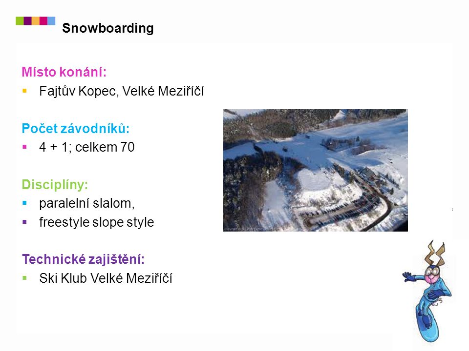 Místo konání:  Fajtův Kopec, Velké Meziříčí Počet závodníků:  4 + 1; celkem 70 Disciplíny:  paralelní slalom,  freestyle slope style Technické zajištění:  Ski Klub Velké Meziříčí Snowboarding