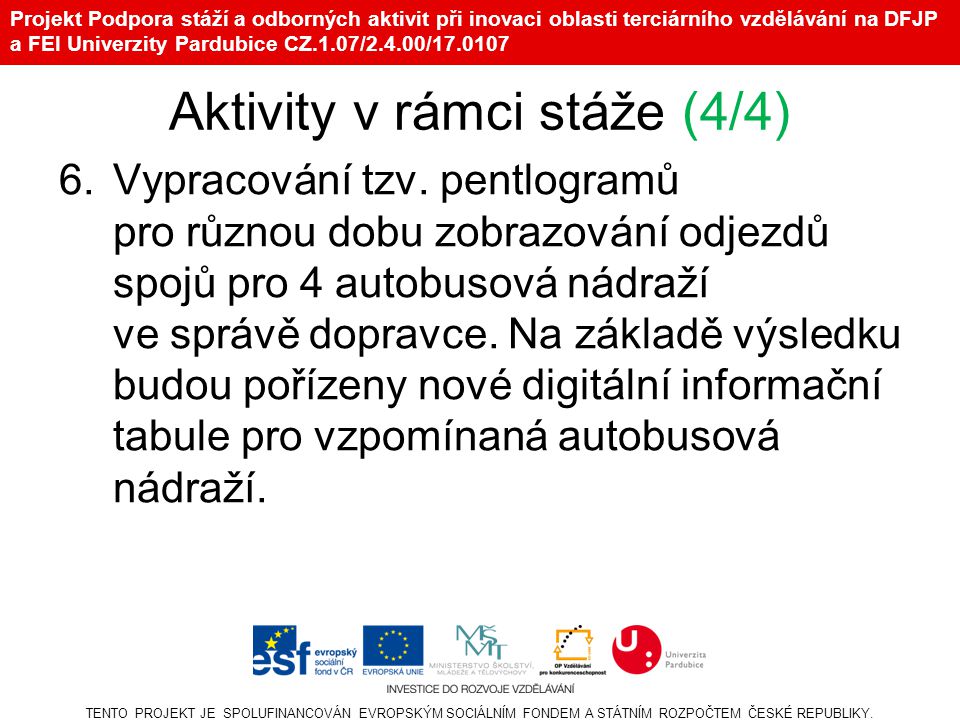 Projekt Podpora stáží a odborných aktivit při inovaci oblasti terciárního vzdělávání na DFJP a FEI Univerzity Pardubice CZ.1.07/2.4.00/ Aktivity v rámci stáže (4/4) 6.Vypracování tzv.