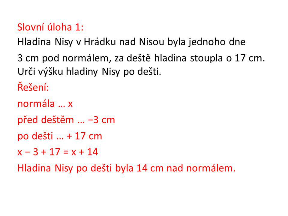 Slovní úloha 1: Hladina Nisy v Hrádku nad Nisou byla jednoho dne 3 cm pod normálem, za deště hladina stoupla o 17 cm.