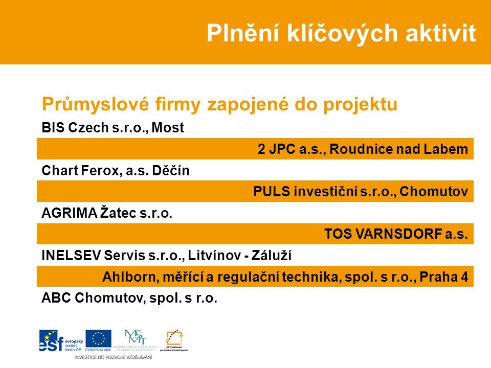 Průmyslové firmy zapojené do projektu BIS Czech s.r.o., Most 2 JPC a.s., Roudnice nad Labem Chart Ferox, a.s.