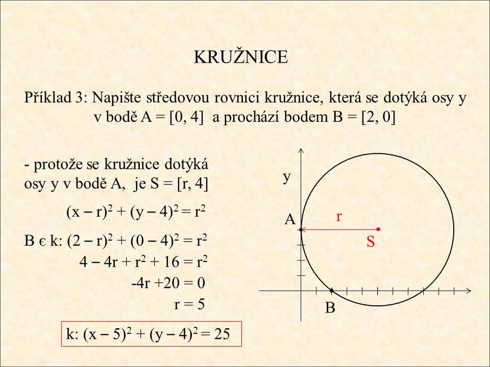 KRUŽNICE Příklad 3: Napište středovou rovnici kružnice, která se dotýká osy y v bodě A = [0, 4] a prochází bodem B = [2, 0] A B S y (x – r) 2 + (y – 4) 2 = r 2 r - protože se kružnice dotýká osy y v bodě A, je S = [r, 4] B є k: (2 – r) 2 + (0 – 4) 2 = r 2 4 – 4r + r = r 2 r = 5 -4r +20 = 0 k: (x – 5) 2 + (y – 4) 2 = 25
