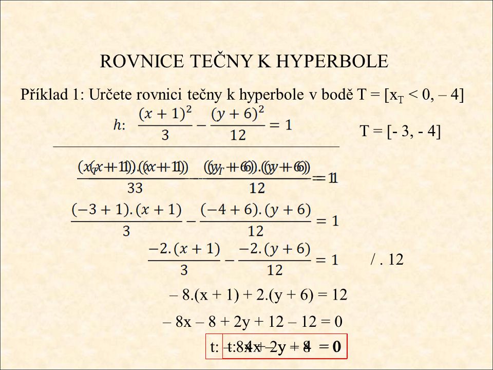 ROVNICE TEČNY K HYPERBOLE Příklad 1: Určete rovnici tečny k hyperbole v bodě T = [x T < 0, – 4] T = [- 3, - 4] /.