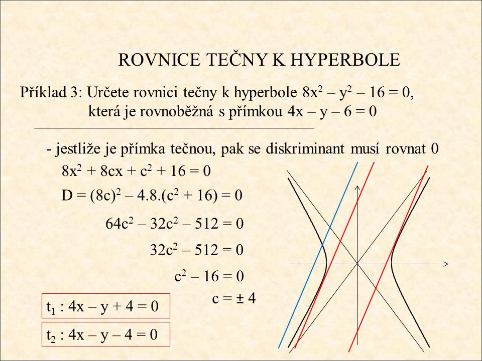ROVNICE TEČNY K HYPERBOLE Příklad 3: Určete rovnici tečny k hyperbole 8x 2 – y 2 – 16 = 0, která je rovnoběžná s přímkou 4x – y – 6 = 0 - jestliže je přímka tečnou, pak se diskriminant musí rovnat 0 8x 2 + 8cx + c = 0 D = (8c) 2 – 4.8.(c ) = 0 64c 2 – 32c 2 – 512 = 0 32c 2 – 512 = 0 c 2 – 16 = 0 c = ± 4 t 1 : 4x – y + 4 = 0 t 2 : 4x – y – 4 = 0