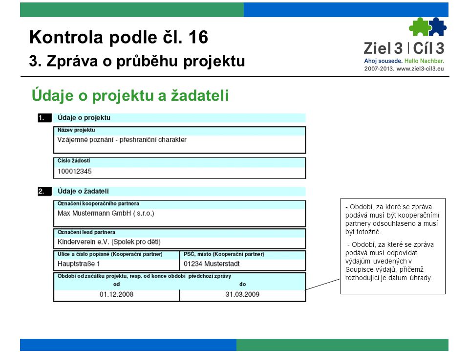 Údaje o projektu a žadateli Kontrola podle čl