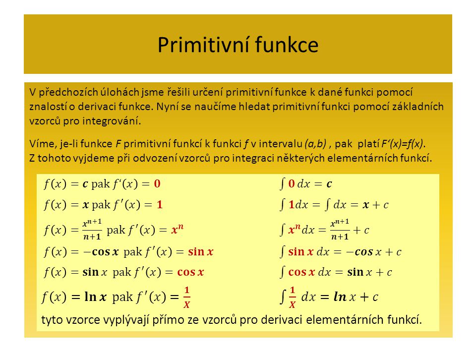 Primitivní funkce V předchozích úlohách jsme řešili určení primitivní funkce k dané funkci pomocí znalostí o derivaci funkce.