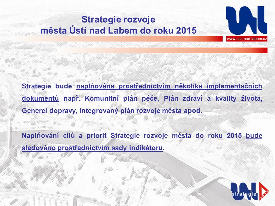 Strategie rozvoje města Ústí nad Labem do roku 2015 Strategie bude naplňována prostřednictvím několika implementačních dokumentů např.