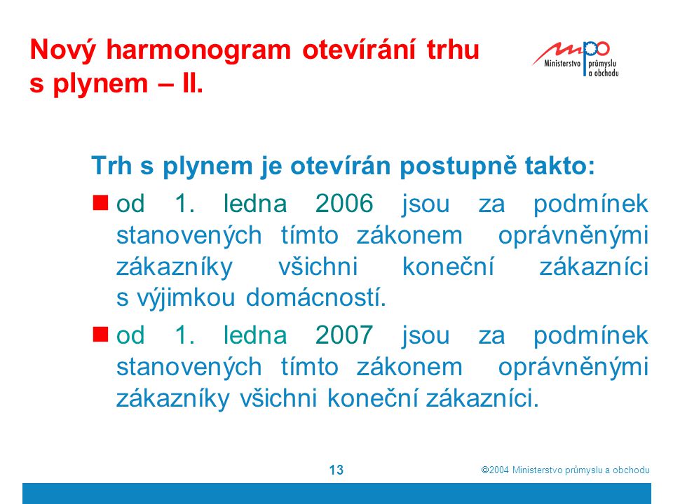  2004  Ministerstvo průmyslu a obchodu 13 Nový harmonogram otevírání trhu s plynem – II.