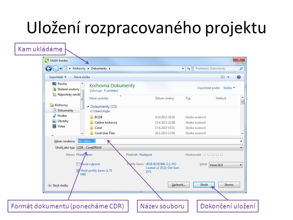 Uložení rozpracovaného projektu Kam ukládáme Název souboruFormát dokumentu (ponecháme CDR)Dokončení uložení