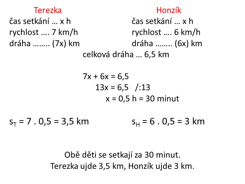 TerezkaHonzíkčas setkání … x h rychlost …. 7 km/hrychlost ….