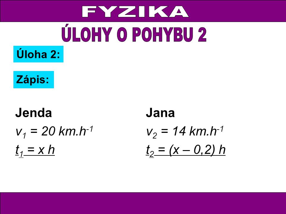 Úloha 2: Zápis: Jenda v 1 = 20 km.h -1 t 1 = x h Jana v 2 = 14 km.h -1 t 2 = (x – 0,2) h