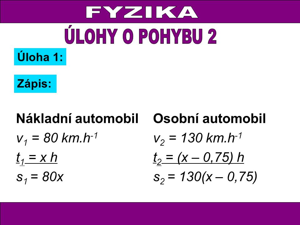 Úloha 1: Zápis: Nákladní automobil v 1 = 80 km.h -1 t 1 = x h s 1 = 80x Osobní automobil v 2 = 130 km.h -1 t 2 = (x – 0,75) h s 2 = 130(x – 0,75)