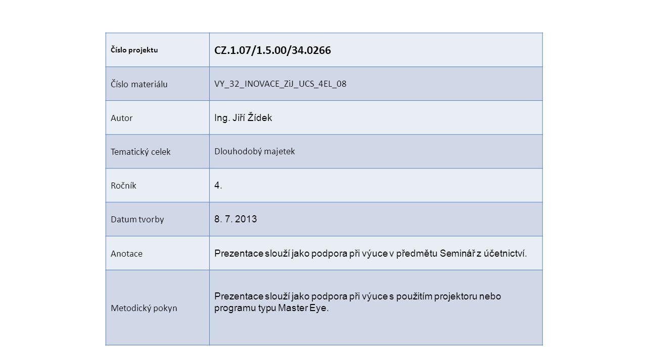 Číslo projektu CZ.1.07/1.5.00/ Číslo materiáluVY_32_INOVACE_ZiJ_UCS_4EL_08 Autor Ing.