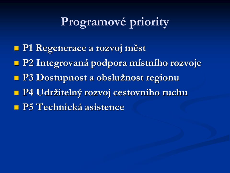 Programové priority  P1 Regenerace a rozvoj měst  P2 Integrovaná podpora místního rozvoje  P3 Dostupnost a obslužnost regionu  P4 Udržitelný rozvoj cestovního ruchu  P5 Technická asistence