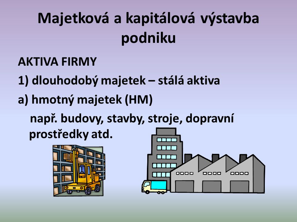 Majetková a kapitálová výstavba podniku AKTIVA FIRMY 1) dlouhodobý majetek – stálá aktiva a) hmotný majetek (HM) např.