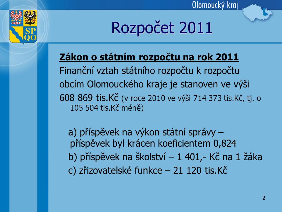 2 Rozpočet 2011 Zákon o státním rozpočtu na rok 2011 Finanční vztah státního rozpočtu k rozpočtu obcím Olomouckého kraje je stanoven ve výši tis.Kč (v roce 2010 ve výši tis.Kč, tj.