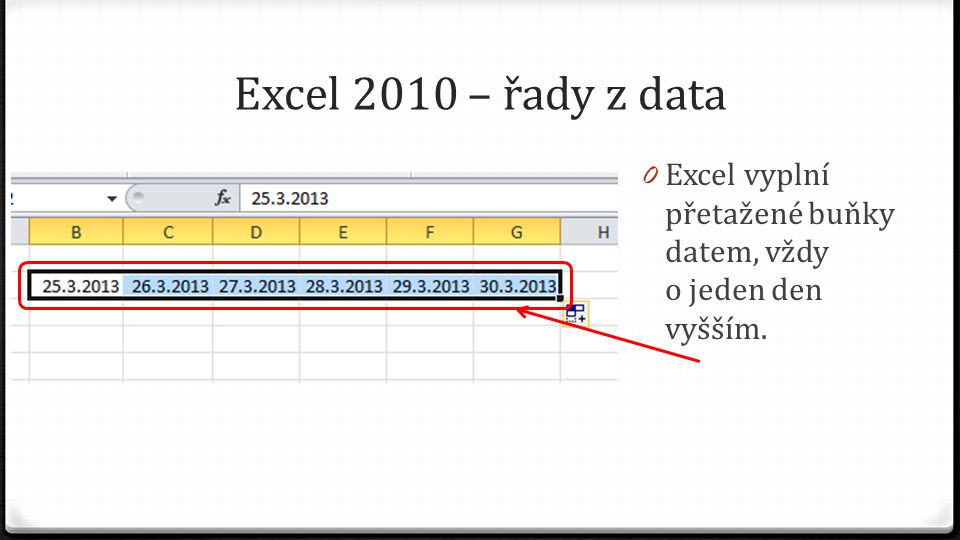 Excel 2010 – řady z data 0 Excel vyplní přetažené buňky datem, vždy o jeden den vyšším.