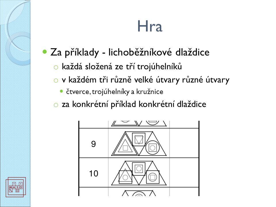 Hra Za příklady - lichoběžníkové dlaždice o každá složená ze tří trojúhelníků o v každém tři různě velké útvary různé útvary čtverce, trojúhelníky a kružnice o za konkrétní příklad konkrétní dlaždice