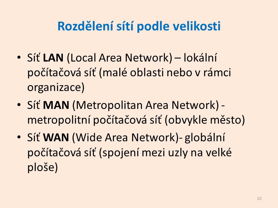Rozdělení sítí podle velikosti Síť LAN (Local Area Network) – lokální počítačová síť (malé oblasti nebo v rámci organizace) Síť MAN (Metropolitan Area Network) - metropolitní počítačová síť (obvykle město) Síť WAN (Wide Area Network)- globální počítačová síť (spojení mezi uzly na velké ploše) 10