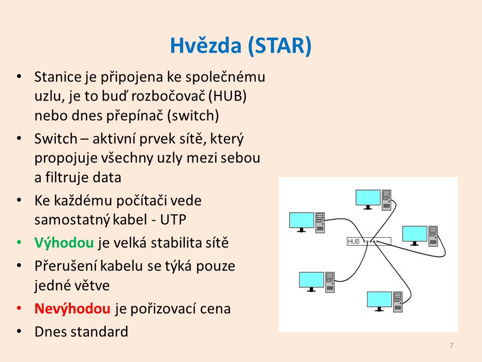 Hvězda (STAR) Stanice je připojena ke společnému uzlu, je to buď rozbočovač (HUB) nebo dnes přepínač (switch) Switch – aktivní prvek sítě, který propojuje všechny uzly mezi sebou a filtruje data Ke každému počítači vede samostatný kabel - UTP Výhodou je velká stabilita sítě Přerušení kabelu se týká pouze jedné větve Nevýhodou je pořizovací cena Dnes standard 7